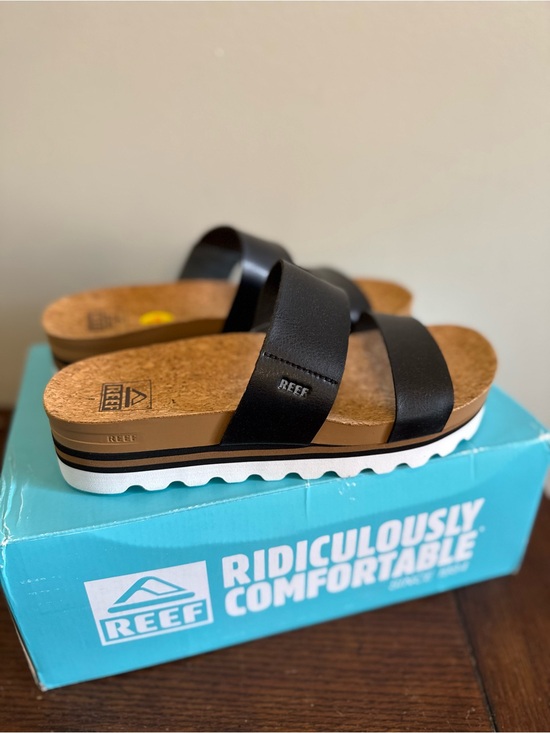 Reef Shoes - Reef Black Vista Leather Double Strap Platform Slides NEW